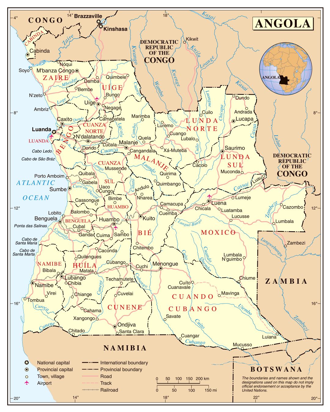 Large detailed political and administrative map of Angola with roads, railroads, cities and airports