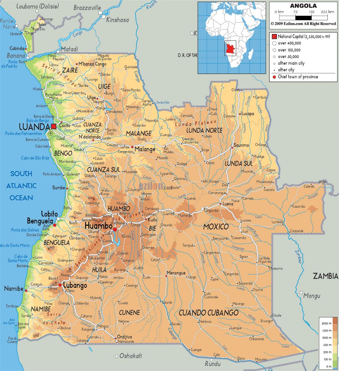 Large physical map of Angola with roads, cities and airports