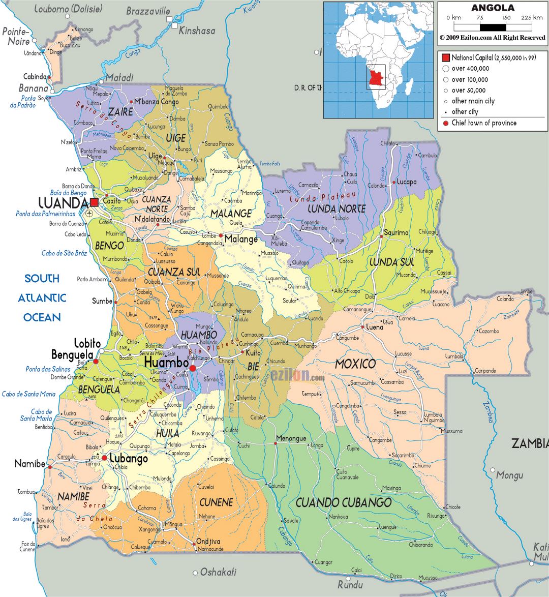 Large political and administrative map of Angola with roads, cities and airports