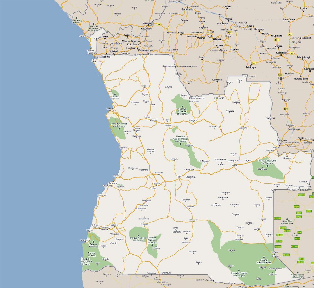 Large road map of Angola with cities and national parks