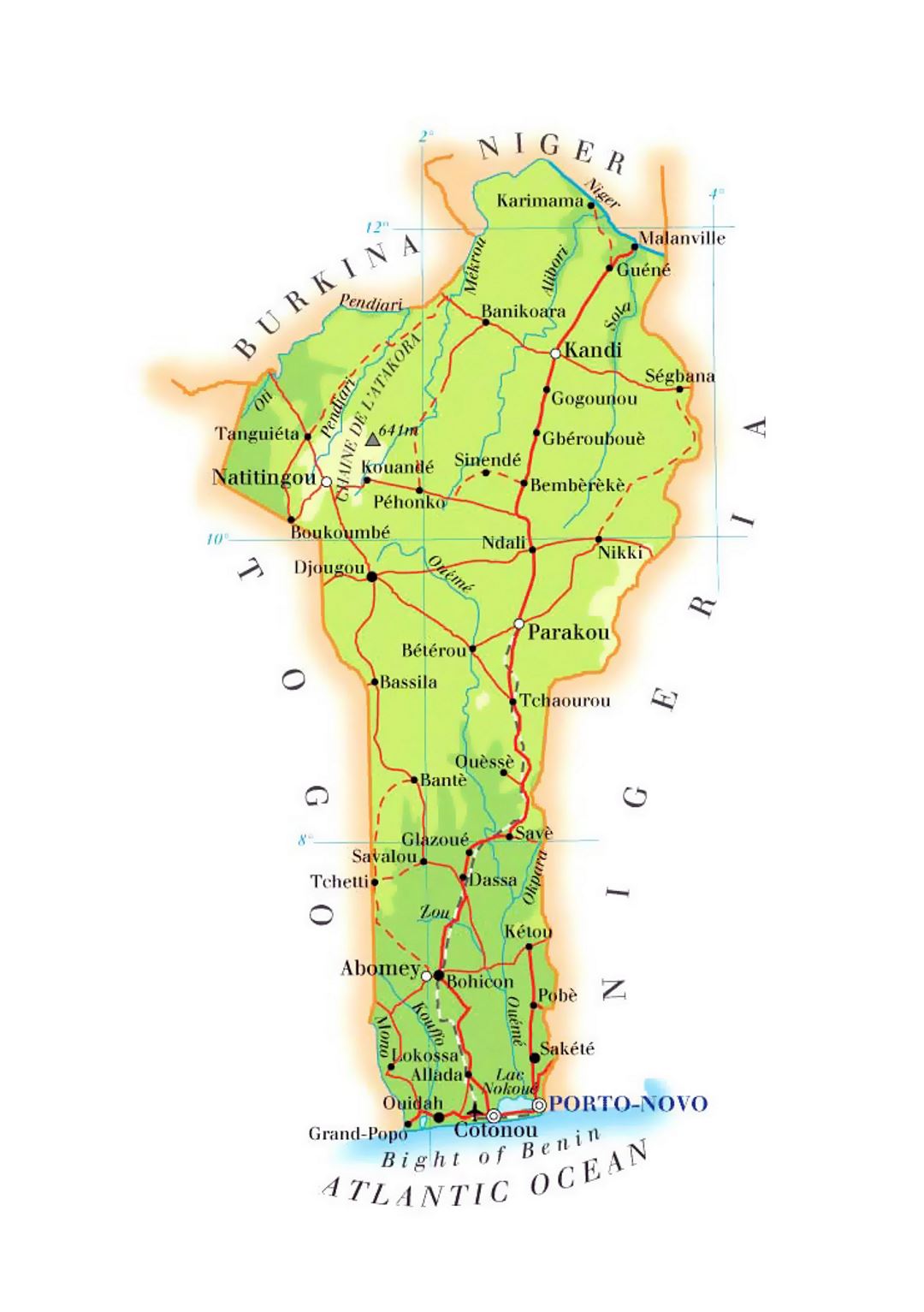 Detailed elevation map of Benin with roads, cities and airports