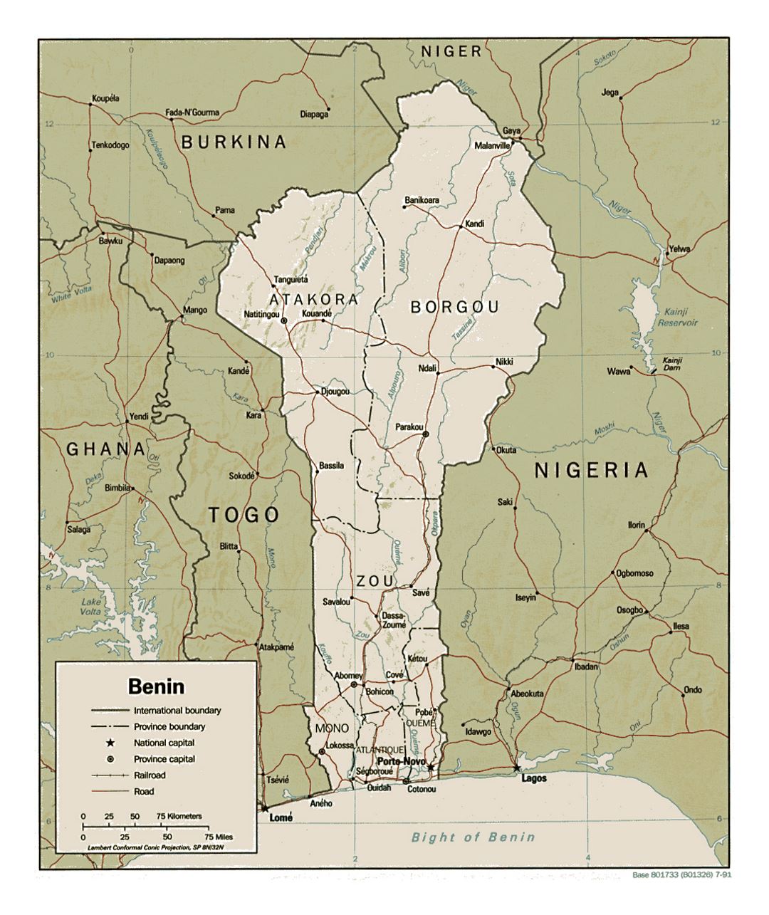 Detailed political and administrative map of Benin with relief, roads, railroads and major cities - 1991