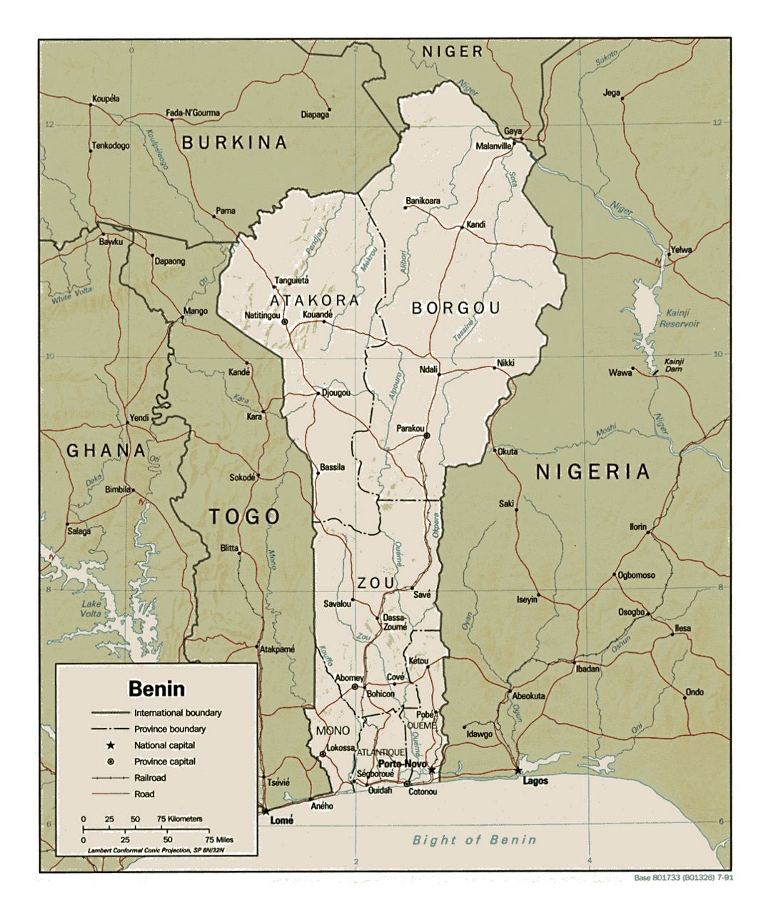 Detailed political and administrative map of Benin with relief, roads