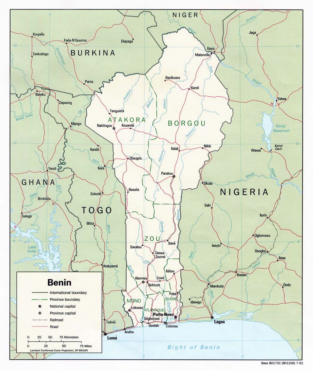 Detailed political and administrative map of Benin with roads, railroads and major cities - 1991