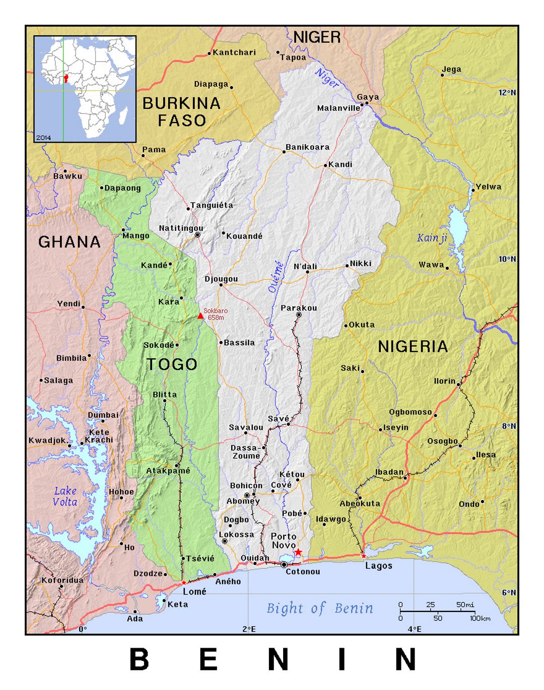 Detailed political map of Benin with relief