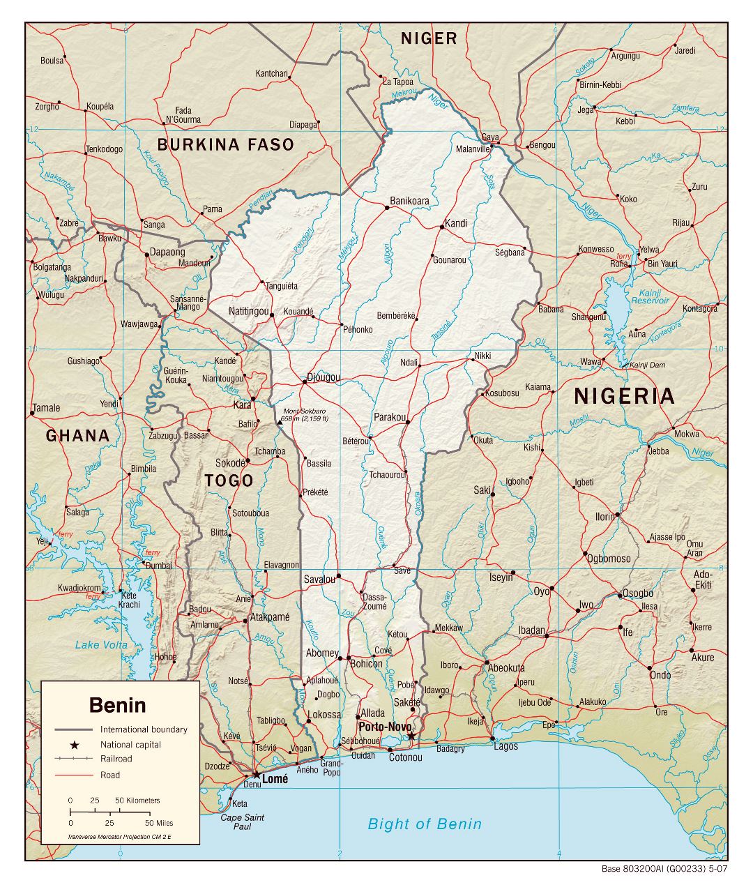 Large detailed political map of Benin with relief, roads, railroads and cities - 2007