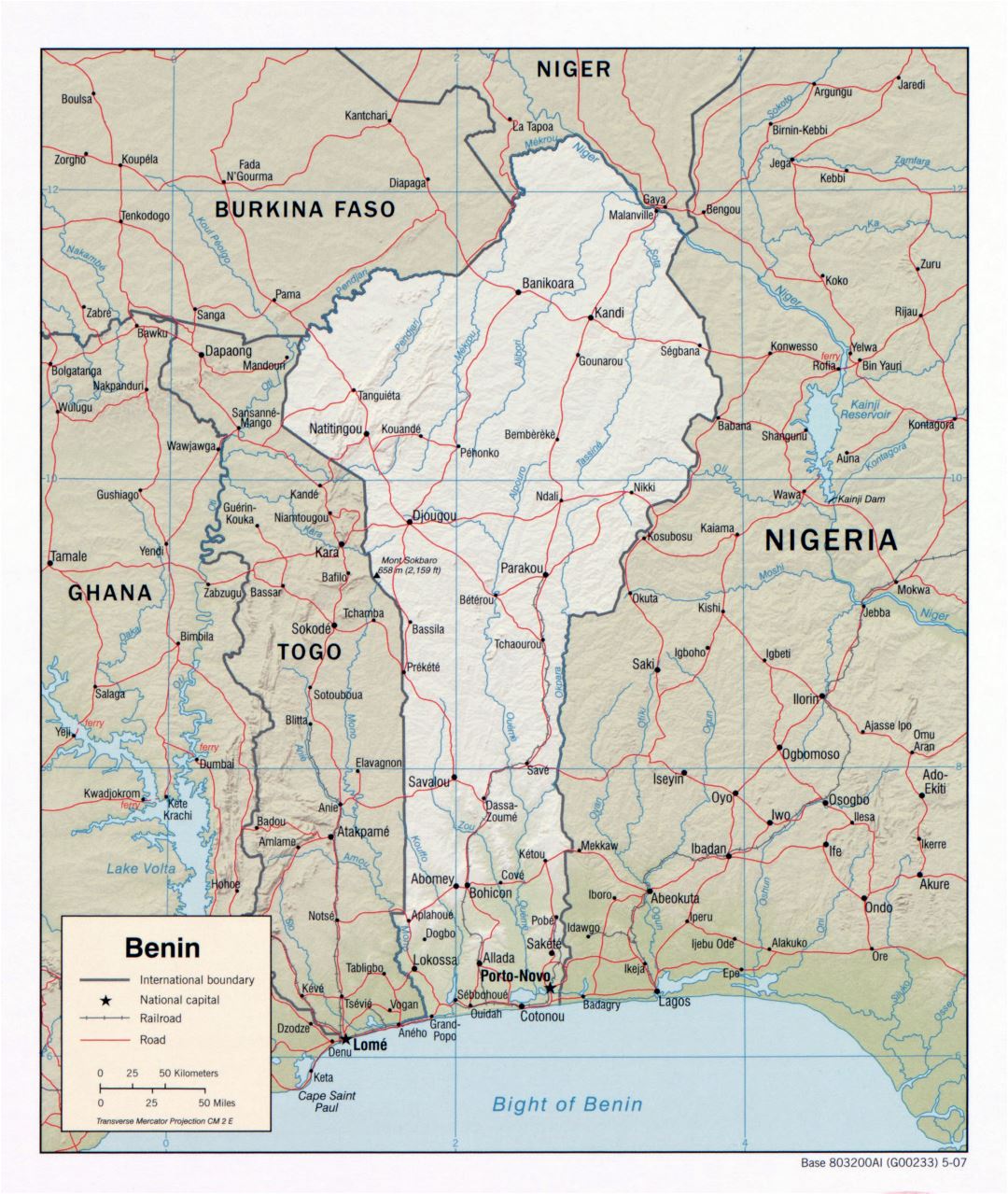 Large scale detailed political map of Benin with relief, roads, railroads and cities - 2007