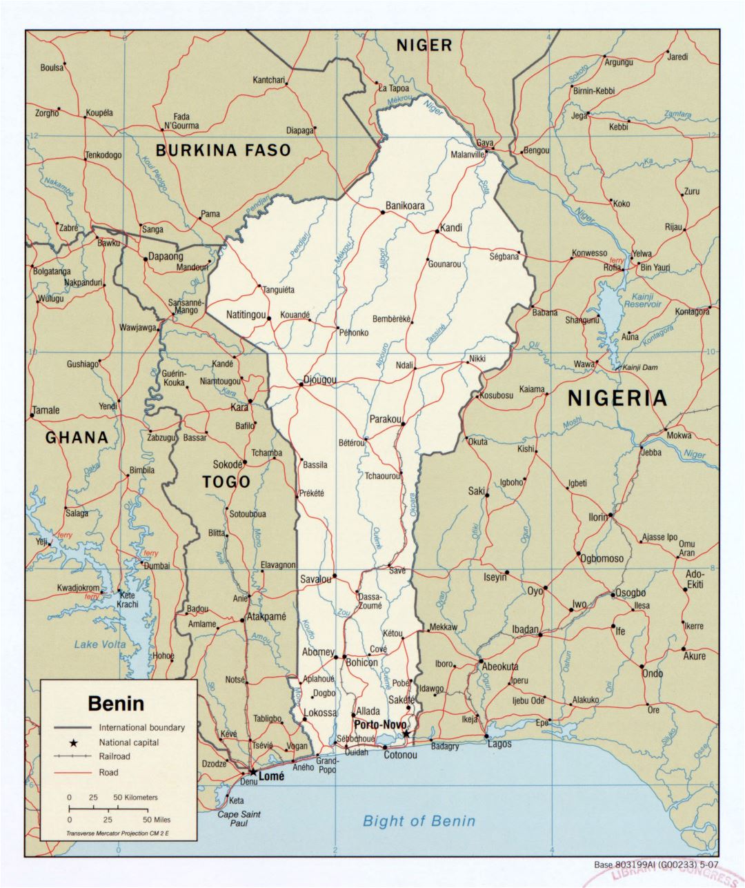 Large scale detailed political map of Benin with roads, railroads and cities - 2007