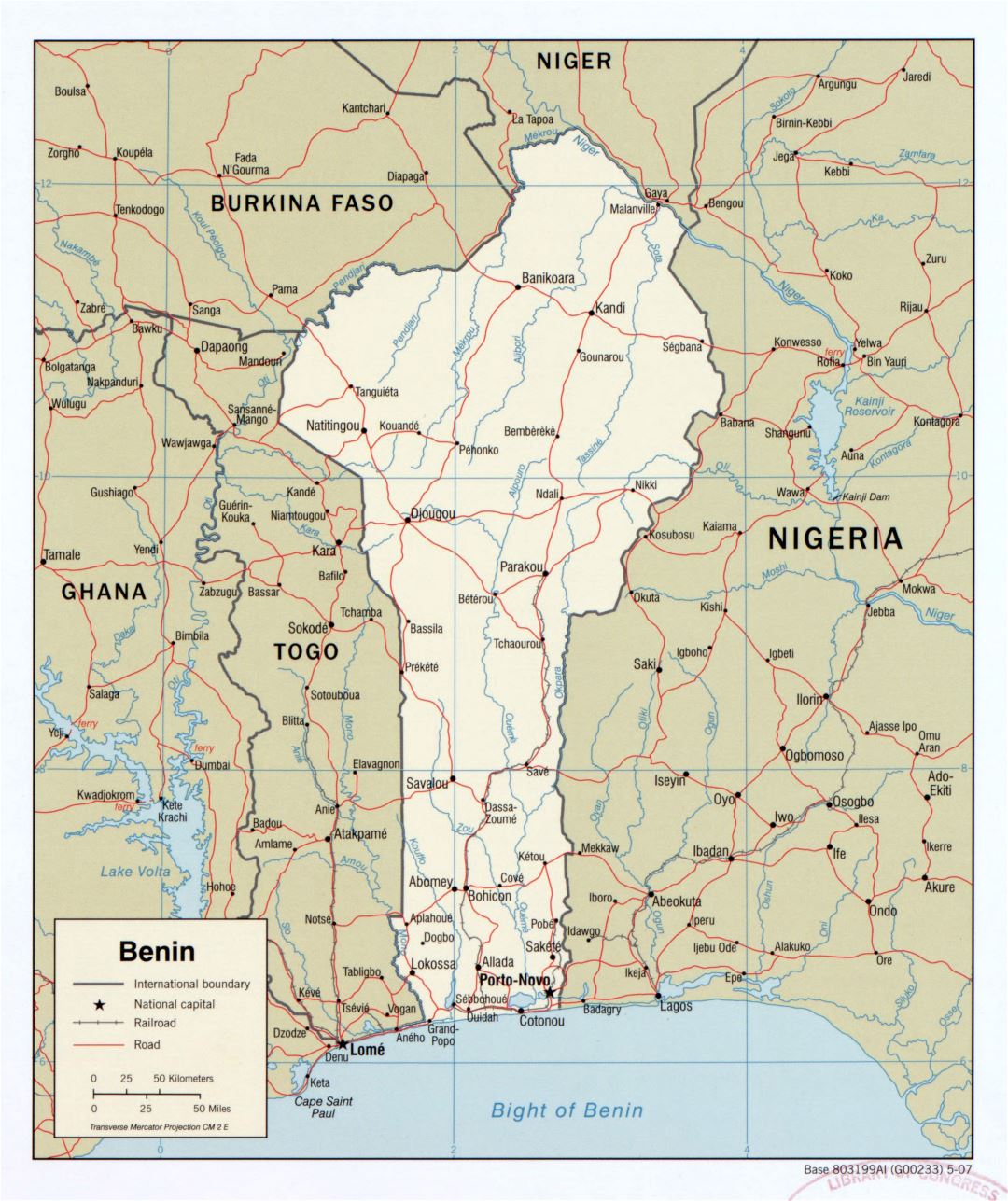 Large scale detailed political map of Benin with roads, railroads and cities - 2007
