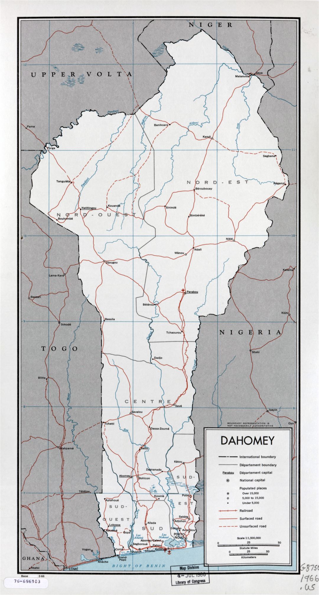 Large scale political and administrative map of Benin with roads, railroads, major cities, sea ports and airports - 1966