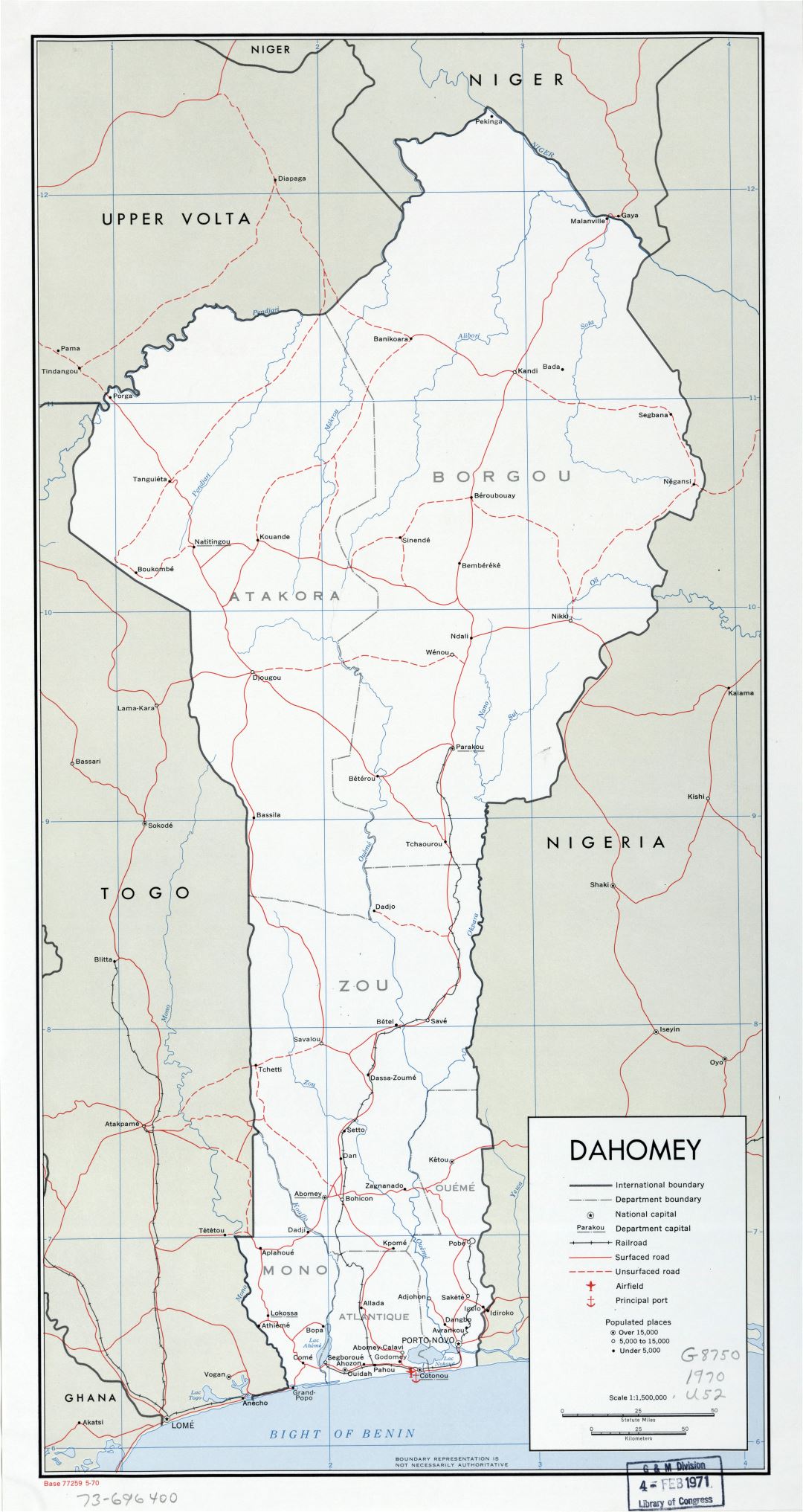 Large scale political and administrative map of Benin with roads, railroads, major cities, sea ports and airports - 1970