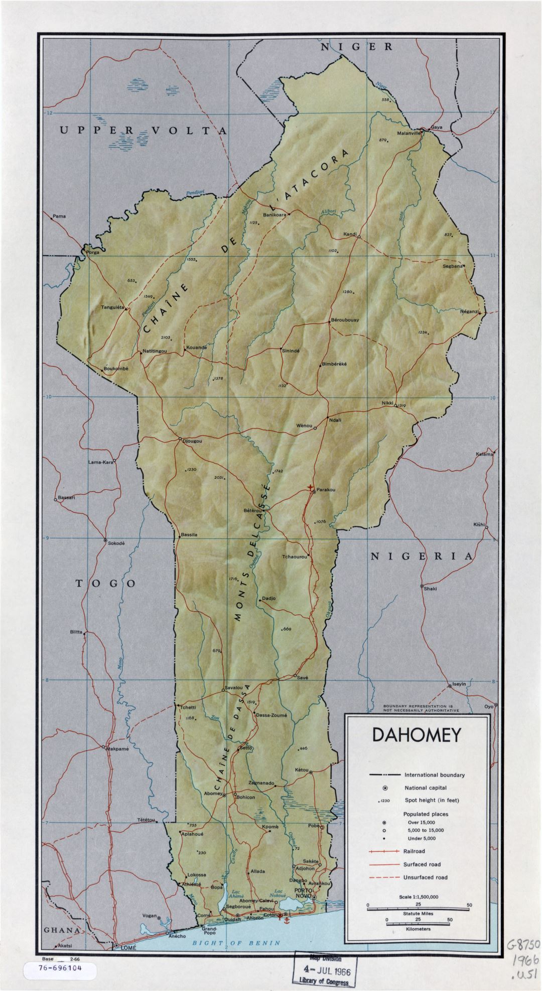 Large scale political map of Benin with relief, roads, railroads, major cities, sea ports and airports - 1966