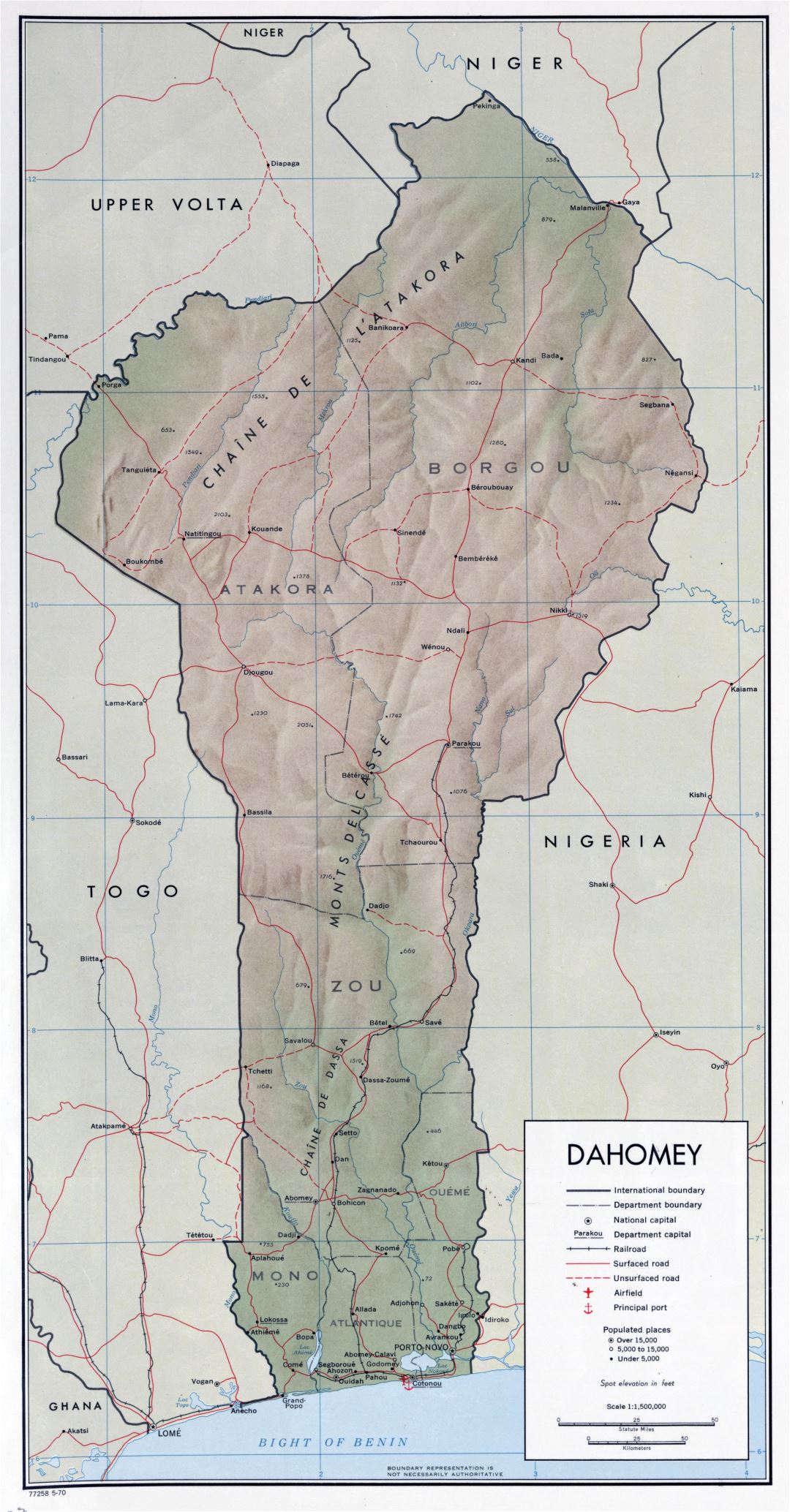 Large scale political map of Benin with relief, roads, railroads, major cities, sea ports and airports - 1970