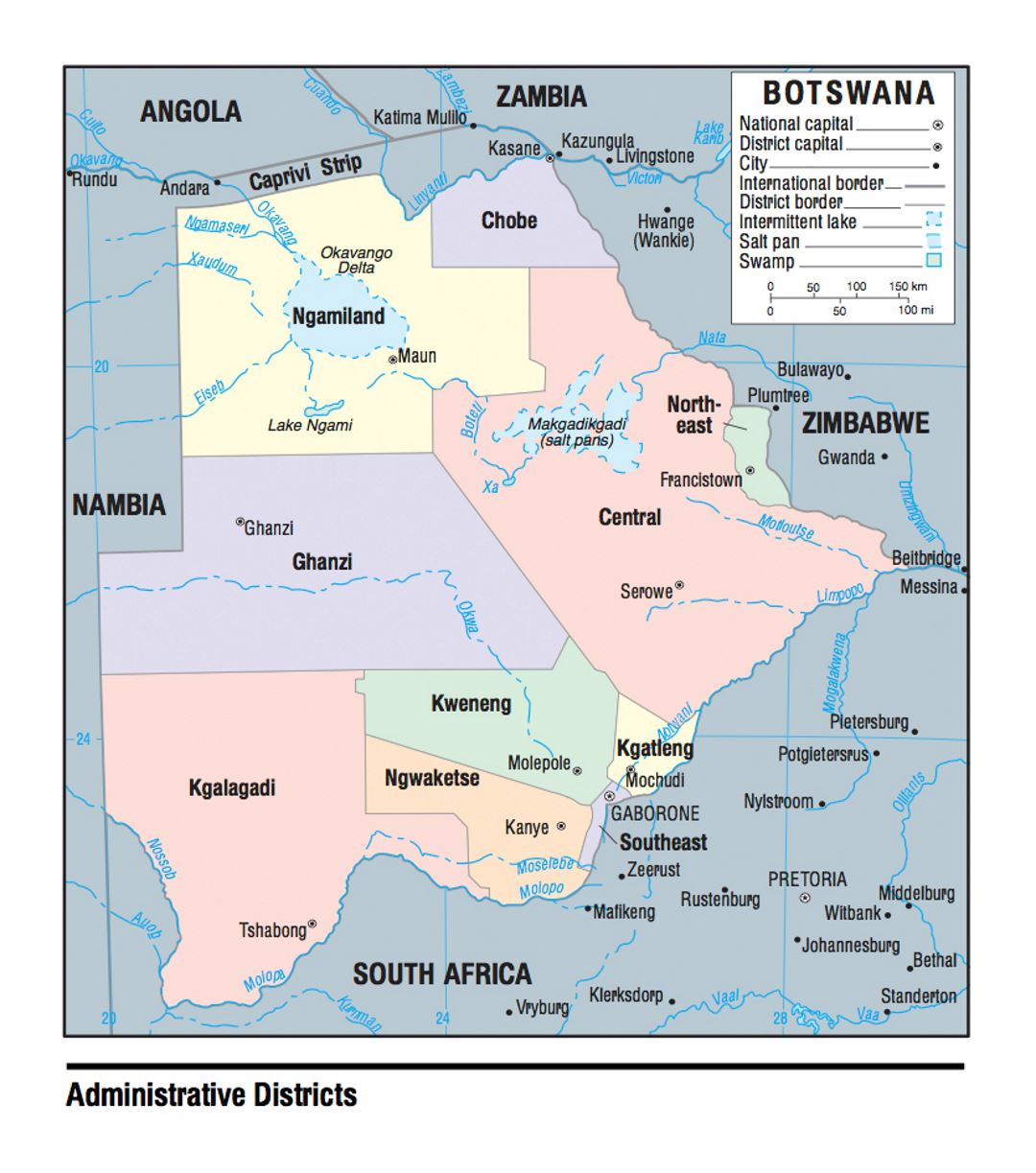 Administrative divisions map of Botswana