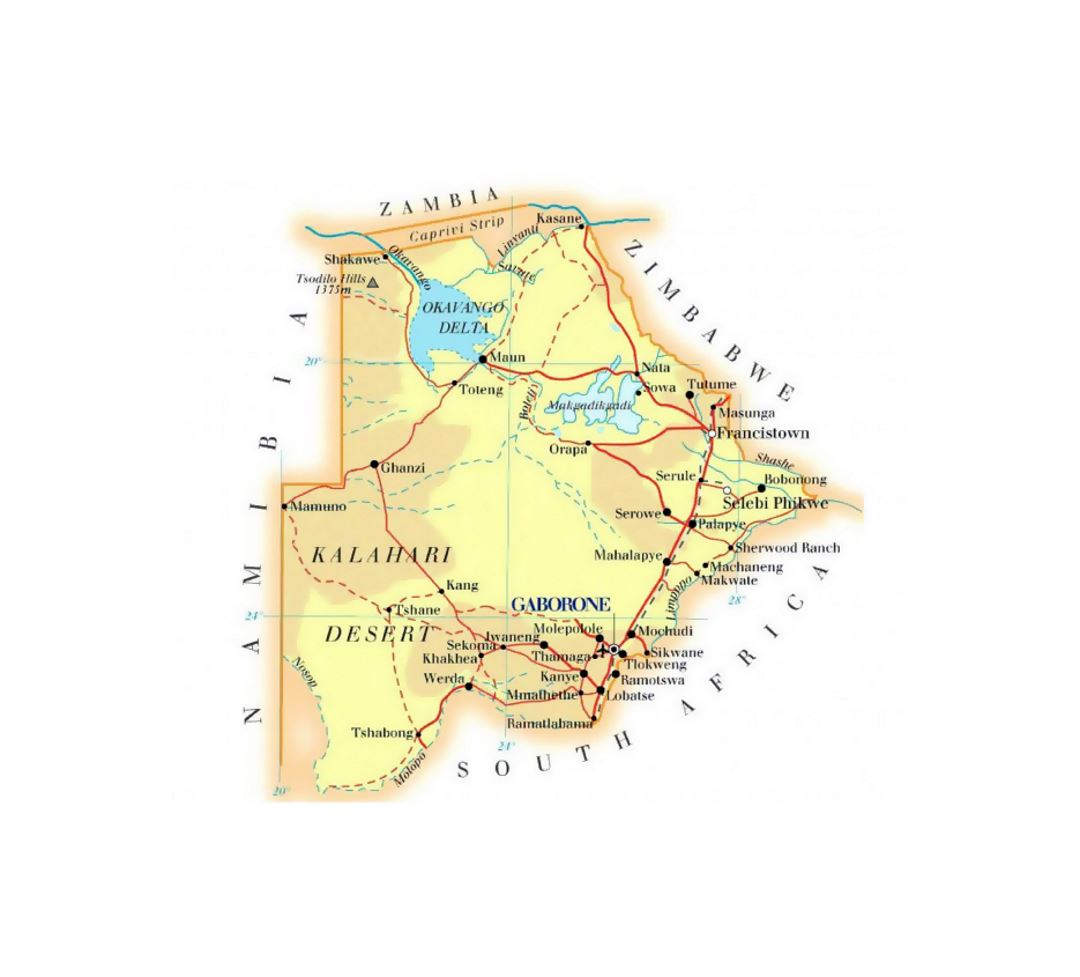 Detailed elevation map of Botswana with roads, cities and airports