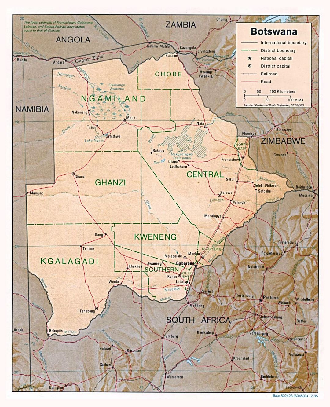 Detailed political and administrative map of Botswana with relief, roads and major cities - 1995