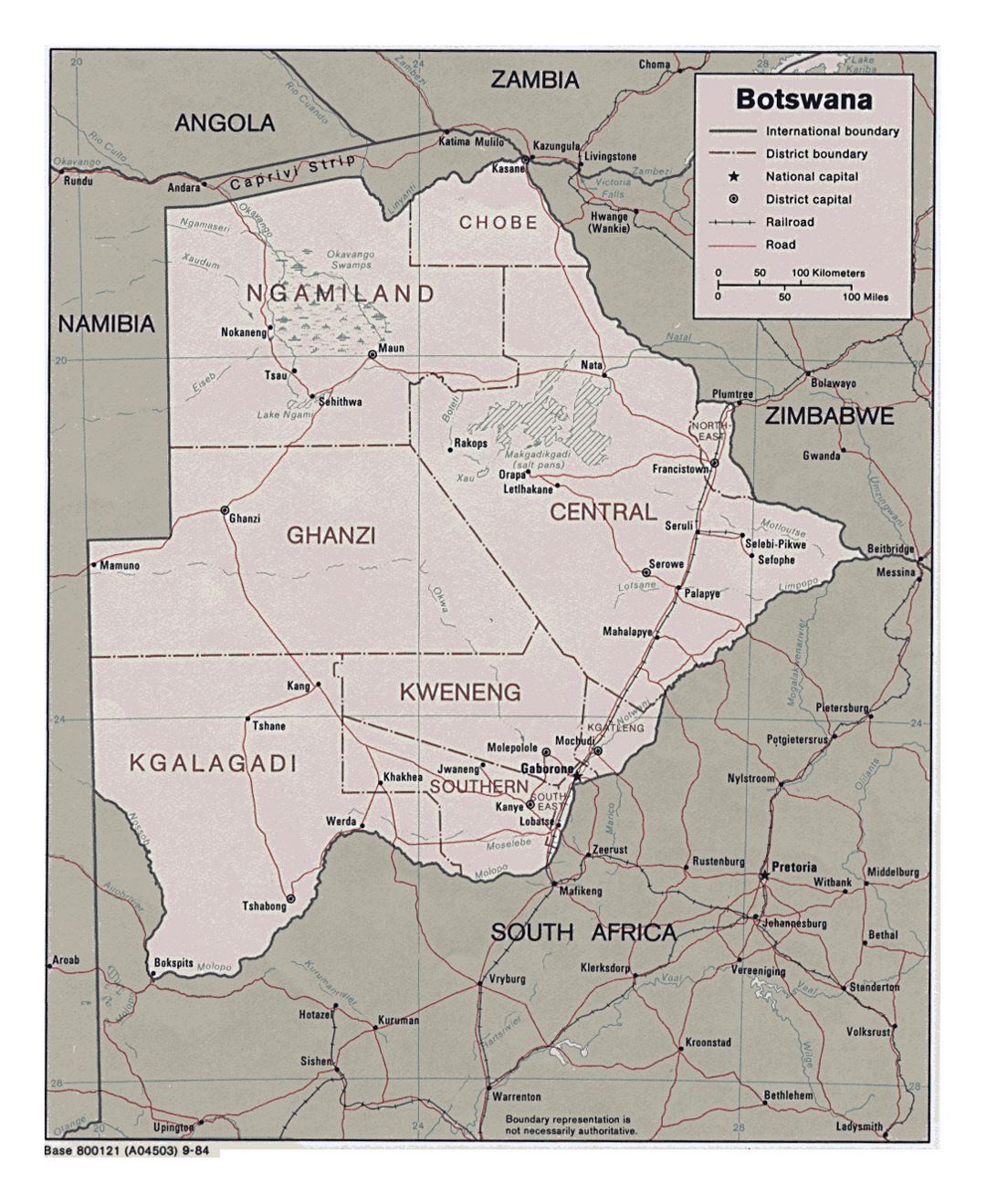 Detailed political and administrative map of Botswana with roads and major cities - 1984