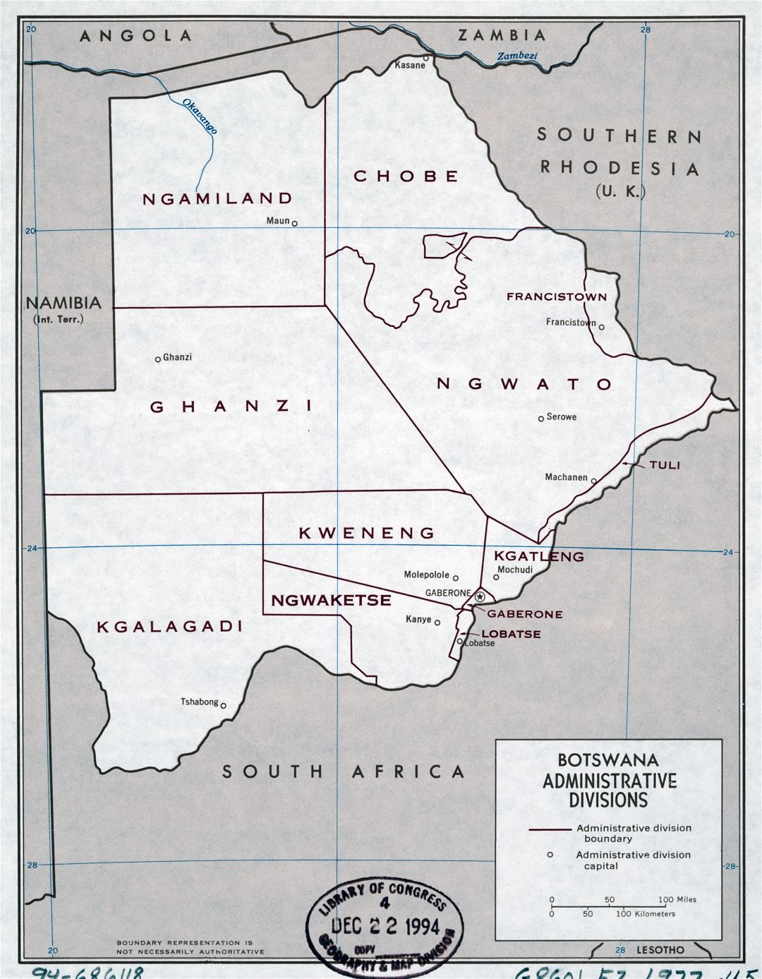 Large detailed administrative divisions map of Botswana - 1977