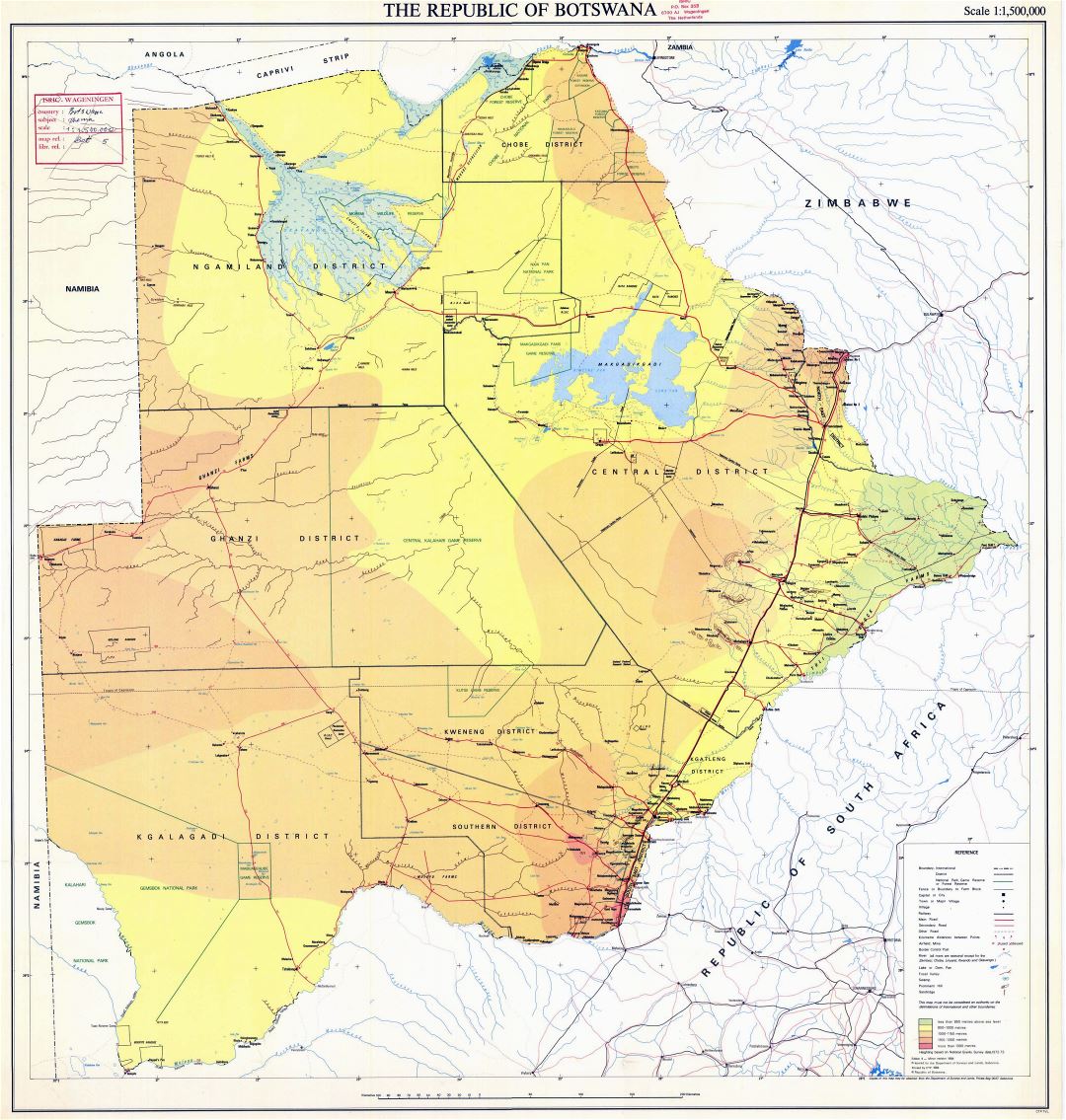 Large detailed elevation map of Botswana with roads, cities and other marks