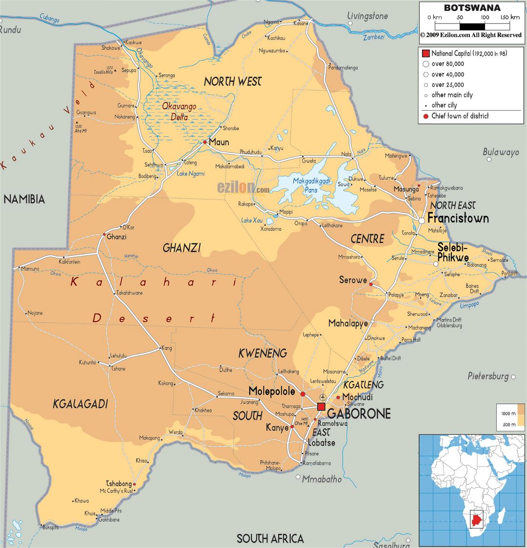 Large physical map of Botswana with roads, cities and airports