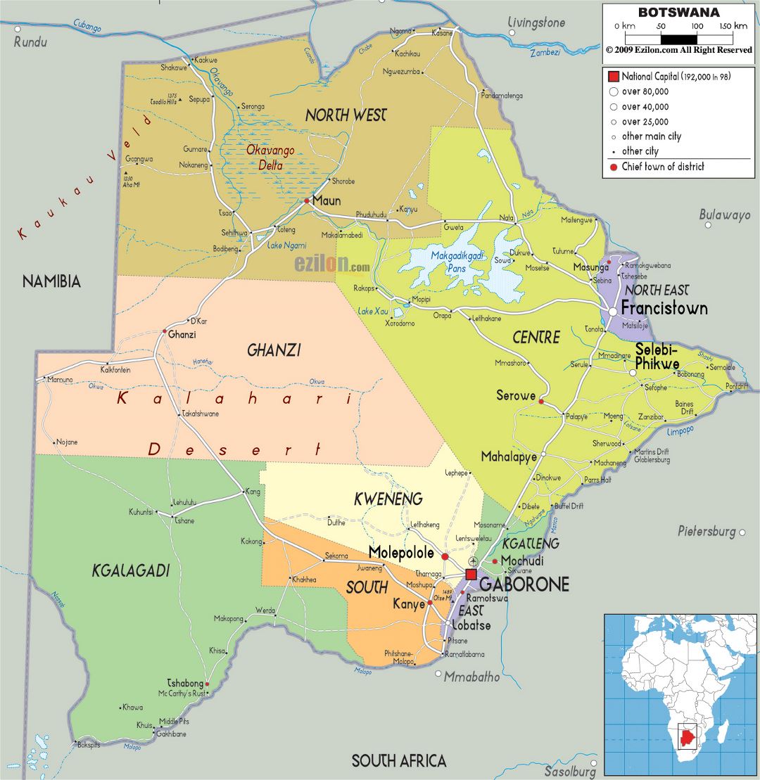 Large political and administrative map of Botswana with roads, cities and airports