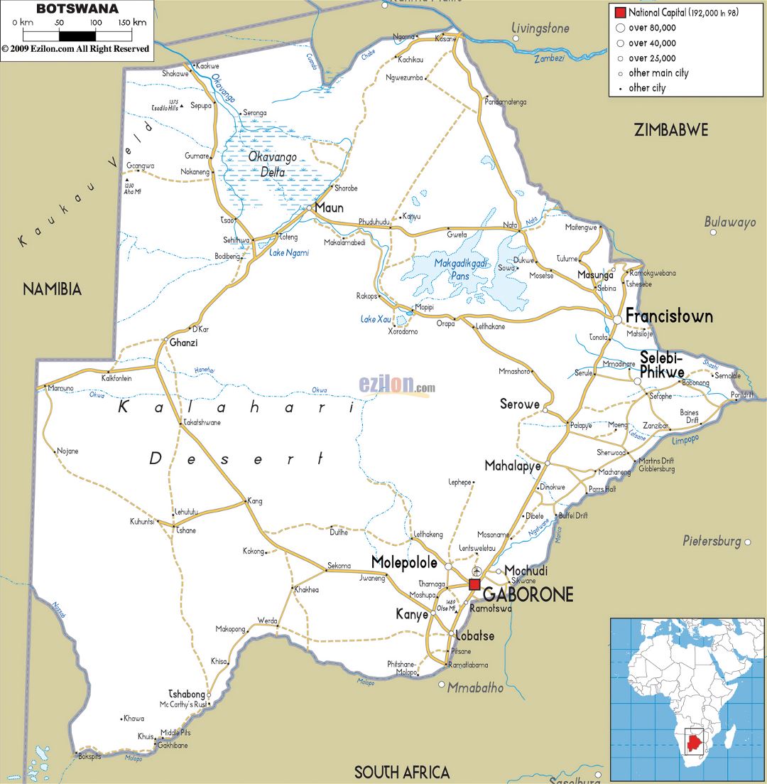 Large road map of Botswana with cities and airports