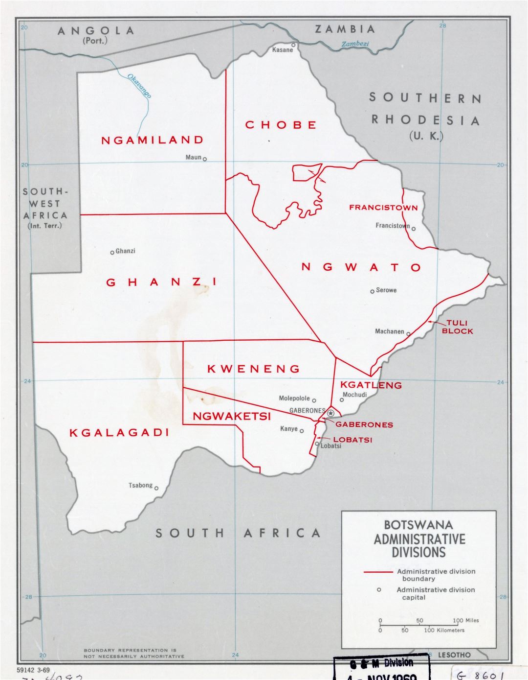 Large scale administrative divisions map of Botswana - 1969