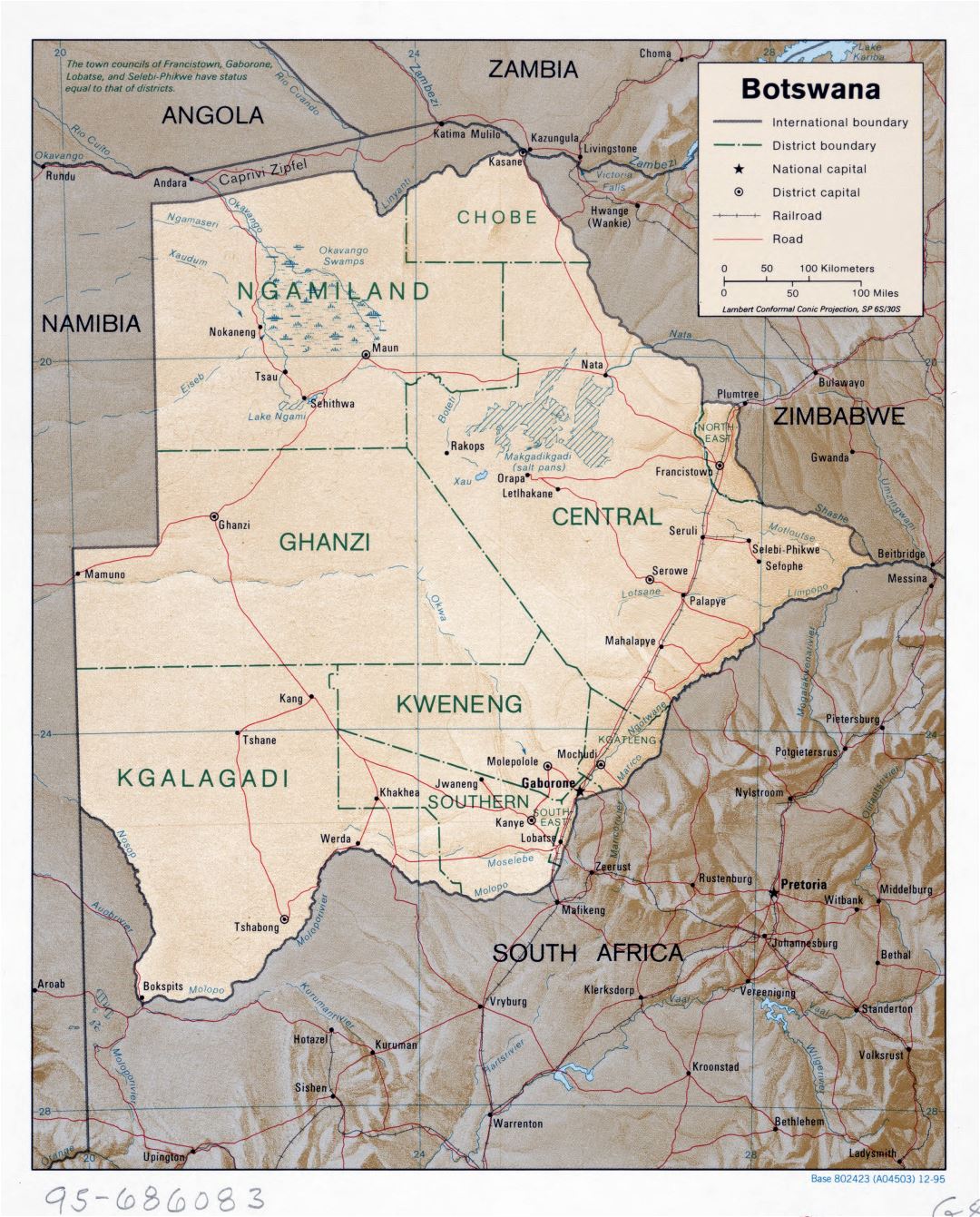 Large scale political and administrative map of Botswana with relief, roads, railroads and major cities - 1995