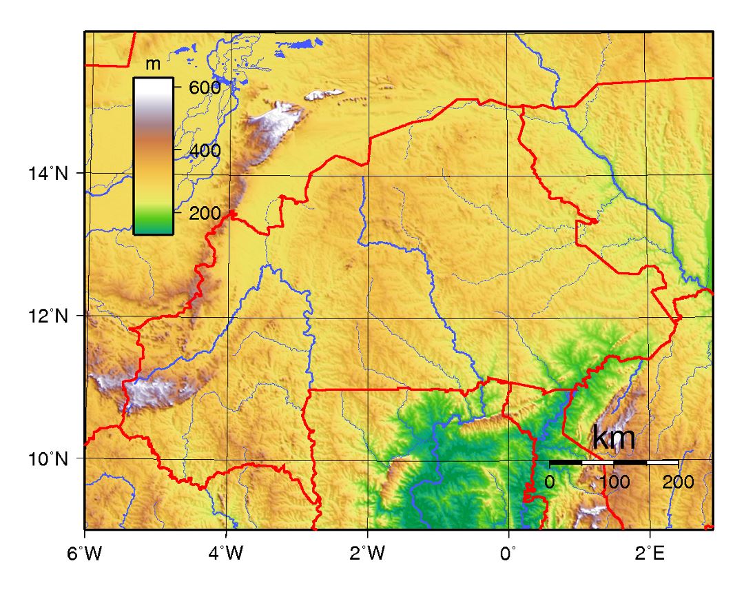 Detailed physical map of Burkina Faso