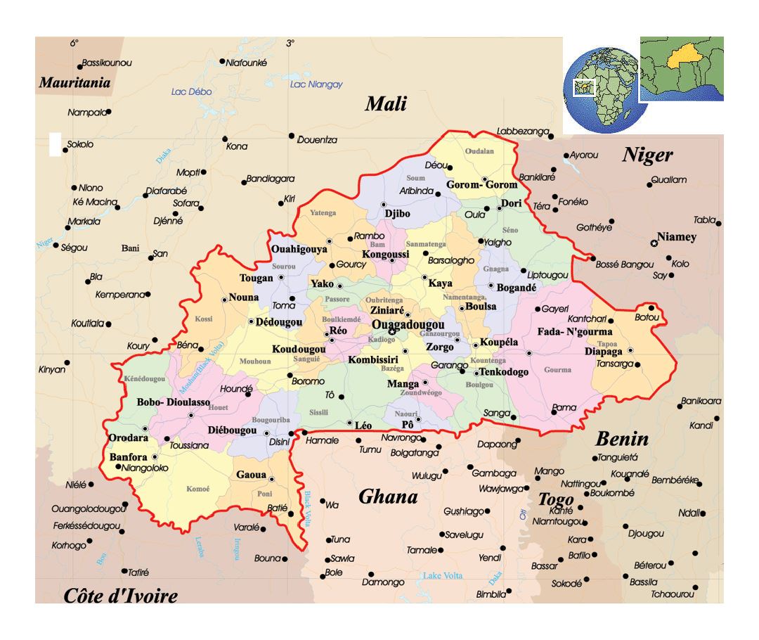 Detailed political and administrative map of Burkina Faso with roads and major cities