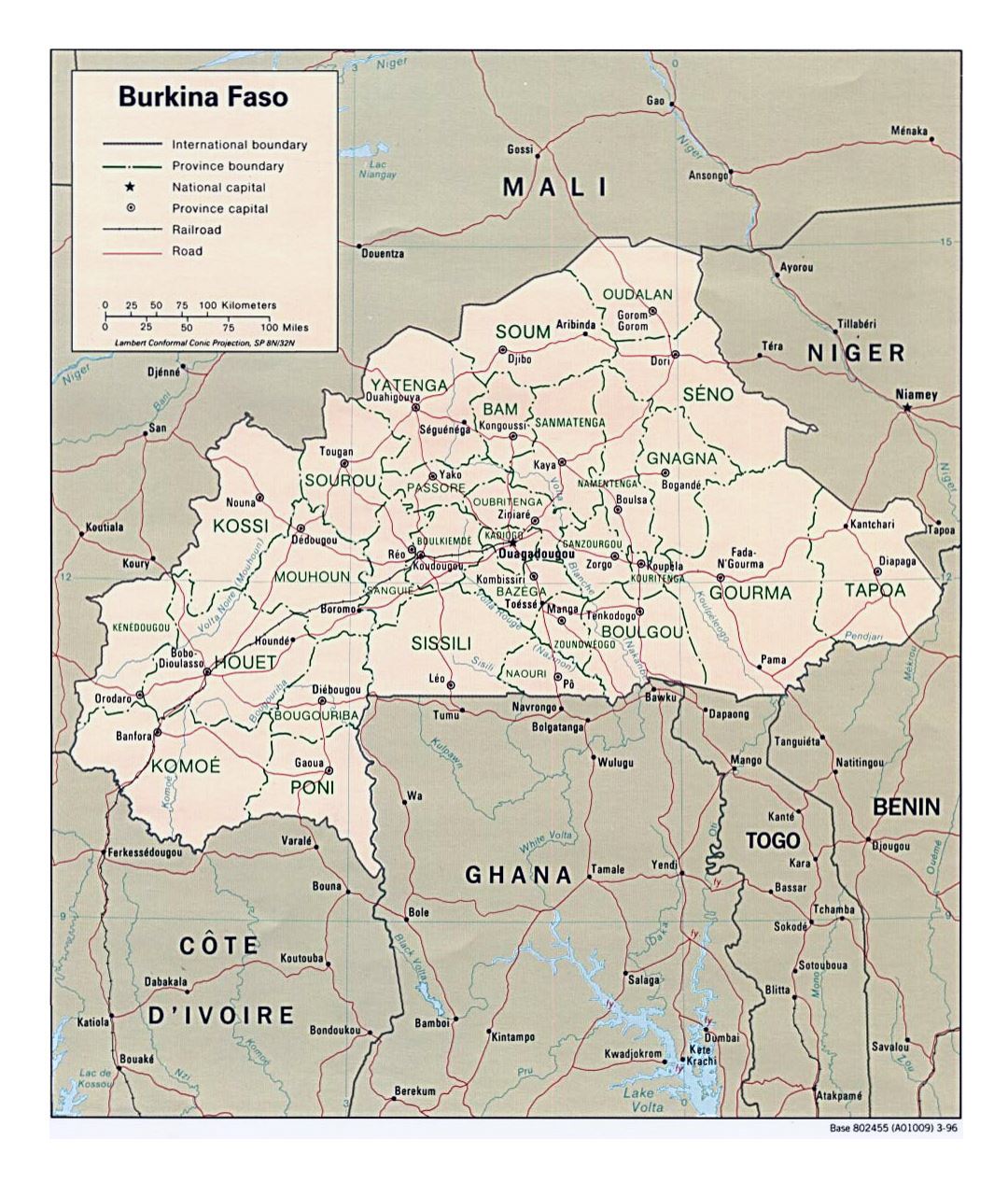 Detailed political and administrative map of Burkina Faso with roads, railroads and major cities - 1996