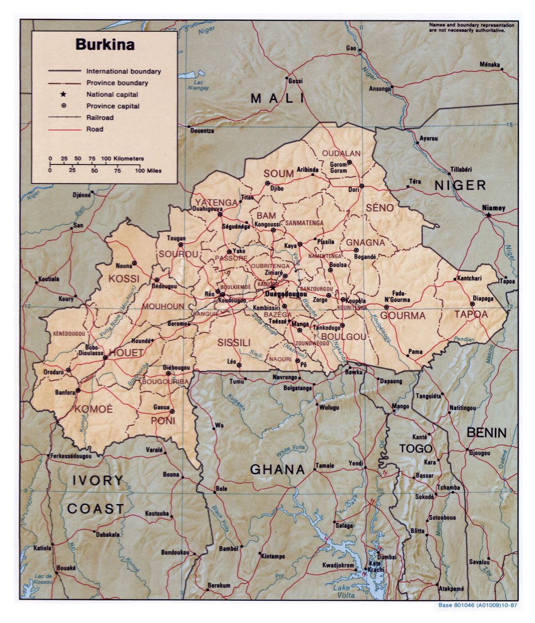 Large detailed political and administrative map of Burkina Faso with relief, roads, railroads and major cities - 1987