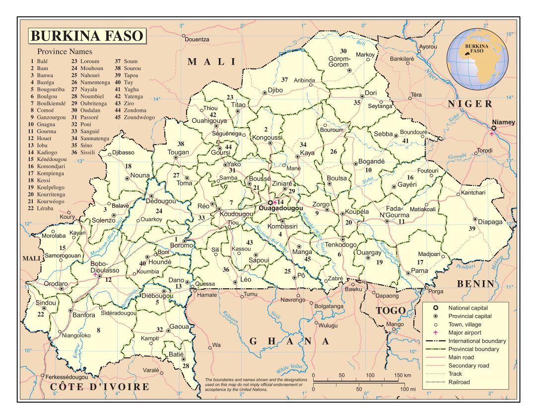 Large detailed political and administrative map of Burkina Faso with roads, cities and airports