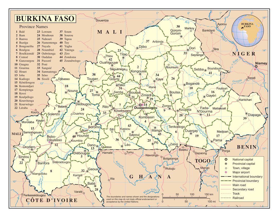Large detailed political and administrative map of Burkina Faso with roads, cities and airports