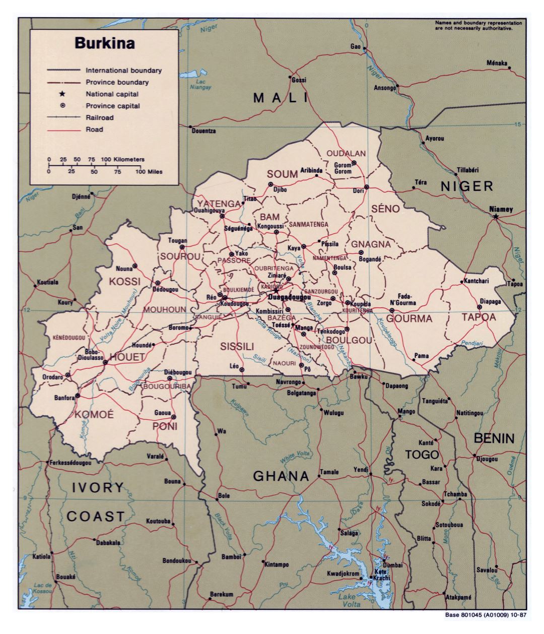 Large detailed political and administrative map of Burkina Faso with roads, railroads and major cities - 1987