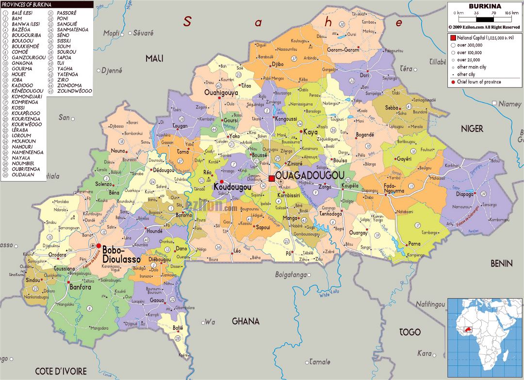 Large political and administrative map of Burkina Faso with roads, cities and airports