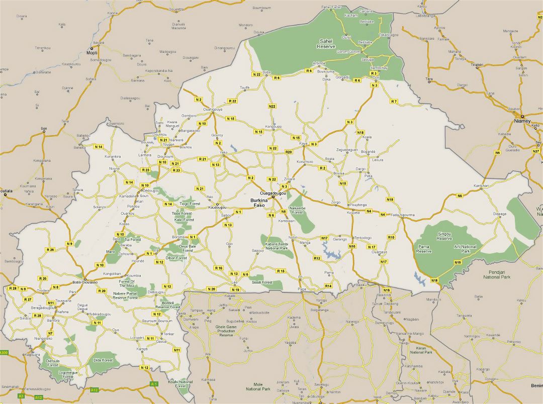 Large road map of Burkina Faso with cities