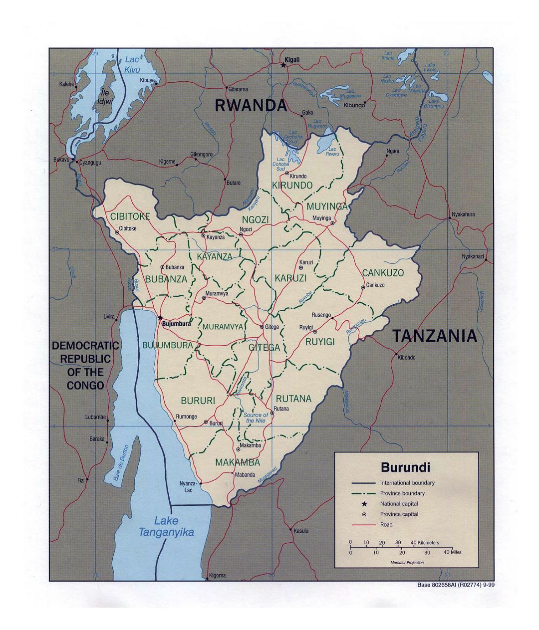 Detailed political and administrative map of Burundi with roads and major cities - 1999