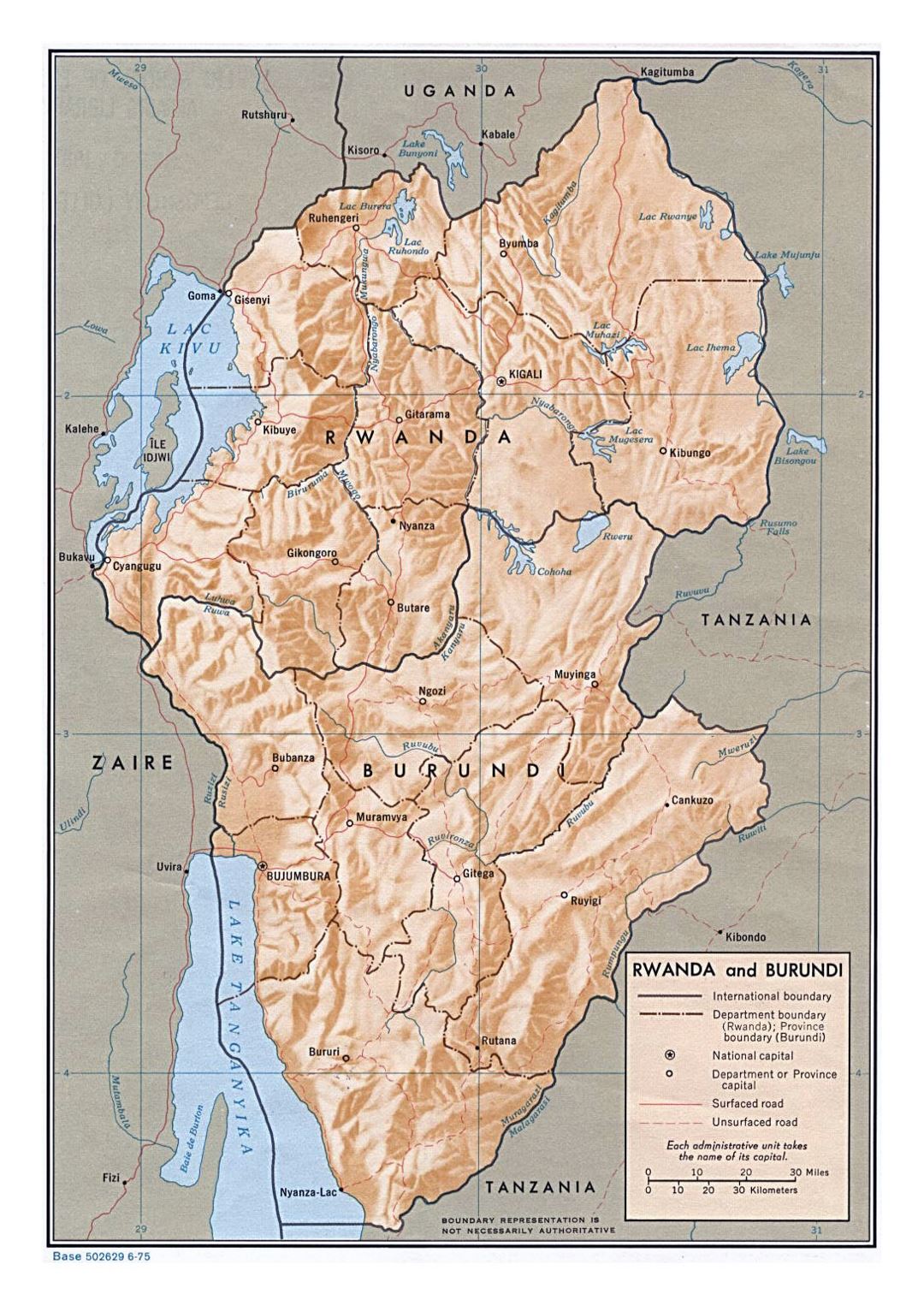 Detailed political and administrative map of Rwanda and Burundi with relief, roads and major cities - 1975