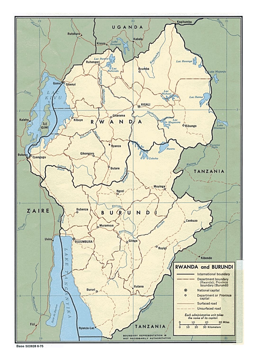 Detailed political and administrative map of Rwanda and Burundi with roads and major cities - 1975