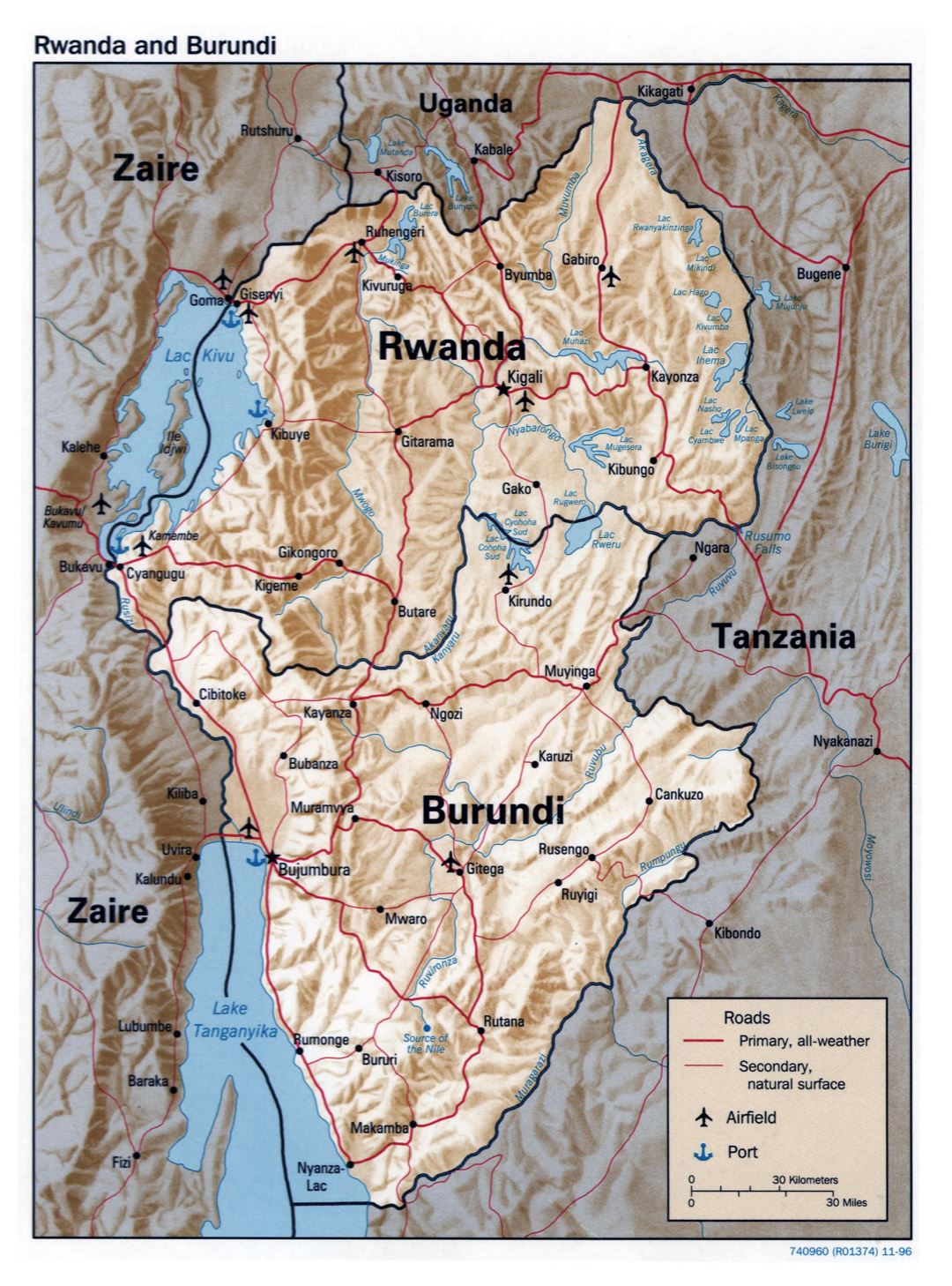 Large detailed political map of Rwanda and Burundi with relief, roads, major cities, airports and ports - 1996