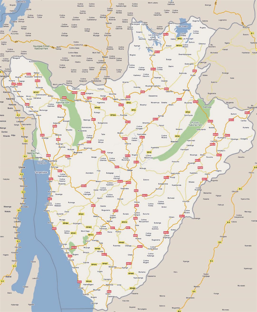 Large road map of Burundi with all cities