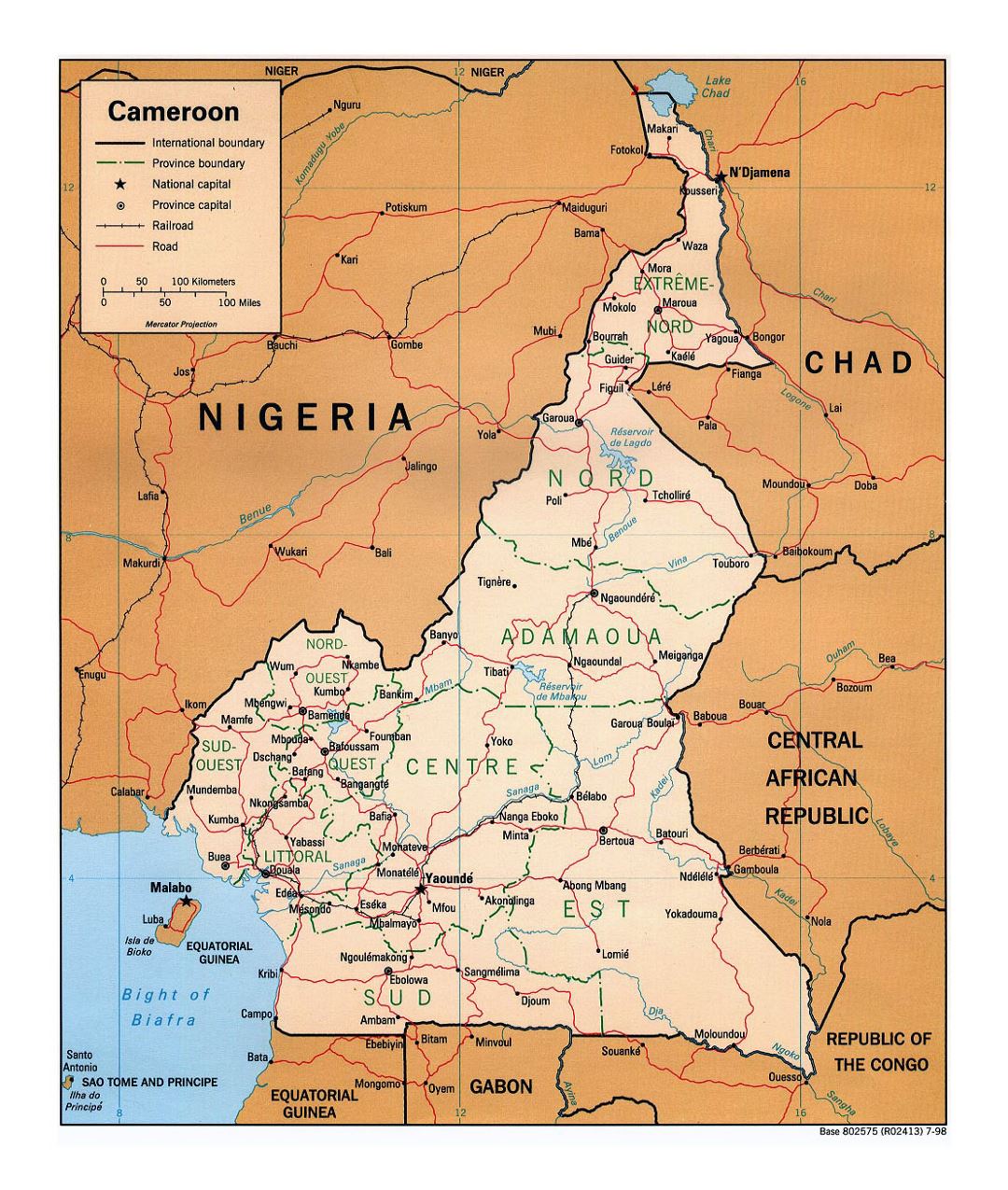 Detailed political and administrative map of Cameroon with roads, railroads and major cities - 1998