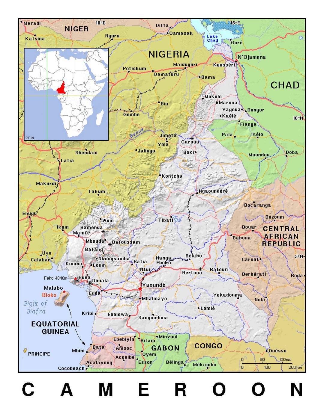 Detailed political map of Cameroon with relief