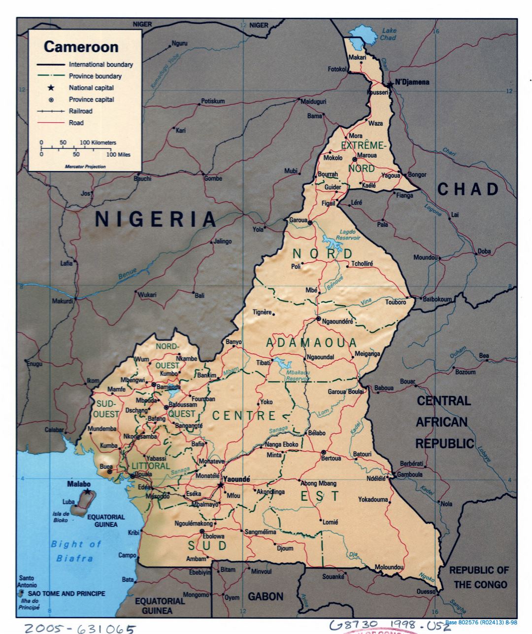 Large detailed political and administrative map of Cameroon with relief, roads, railroads and major cities - 1998