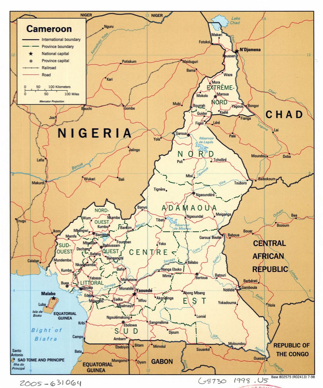 Large detailed political and administrative map of Cameroon with roads, railroads and major cities - 1998