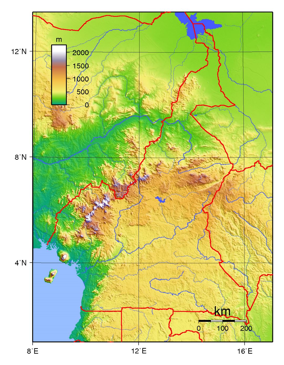 Large physical map of Cameroon