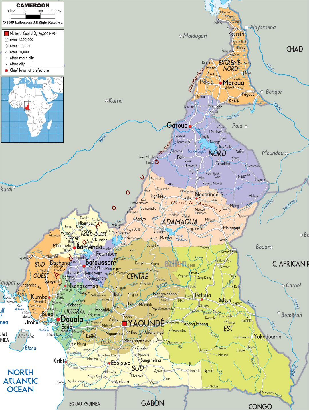 Large political and administrative map of Cameroon with roads, cities and airports