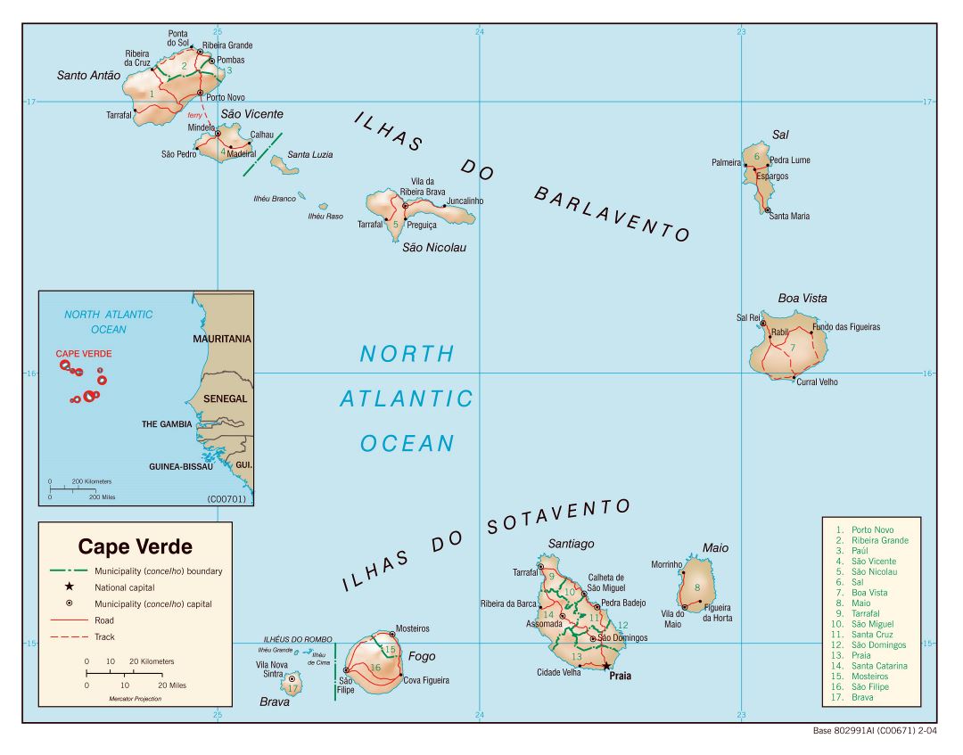 Large detailed political and administrative map of Cape Verde with relief, roads and major cities - 2004