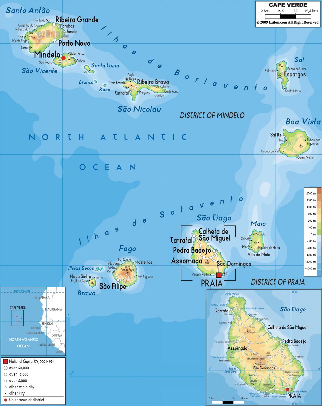 Large physical map of Cape Verde with roads, cities and airports